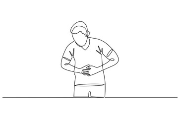 Continuous one line drawing of Man touching his stomach pain. Single line drawing illustration of Man is hungry or Stomach problem. Stomach ache concept vector art. Doodle line illustration.