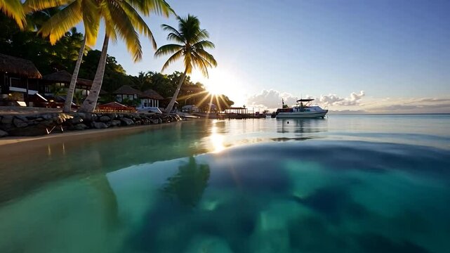 Generic description of a tropical beach scene at sunset.