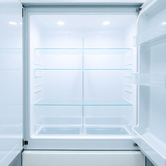 Empty refrigerator with open door displaying clean interior