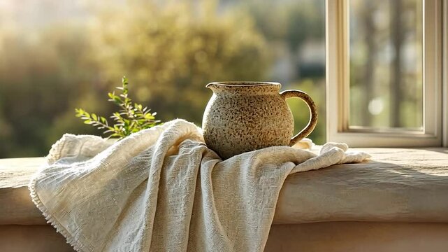 Generic object on a draped textured cloth near a window overlooking lush green foliage illuminated by soft sunlight. Rustic still life composition.