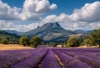 Lavender Field With Mountains Under Sunny Sky