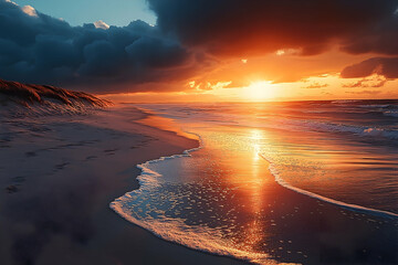 Dramatic sunset over a tranquil beach scene.