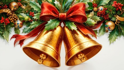 Golden Christmas Bells Adorned with Holly and Red Ribbon in a Festive Holiday Arrangement