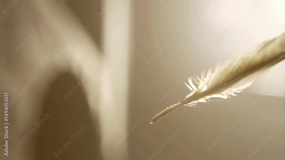 Poster closeup of delicate single feather floating in soft light with creamy neutral background for concept