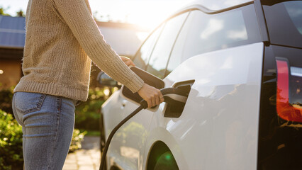 Woman Charging Electric Car at Home with Solar Panels — Eco-Friendly Lifestyle, Sustainable Energy, Natural Light, Green Living Concept