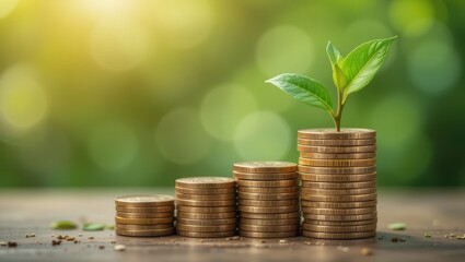 Growing Plant Emerging From Stacked Coins Representing Financial Growth and Sustainability