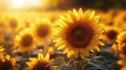 Obraz premium Golden sunflowers in a field at sunset