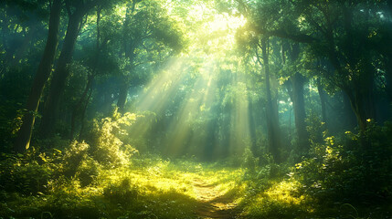 Obraz premium Sunlight streams through a dense forest canopy.