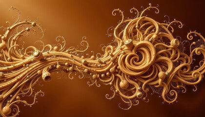 Intricate Abstract Composition with Swirling Golden Elements on a Warm Brown Background