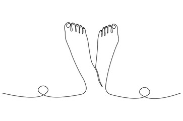 Continuous one line drawing of Female feet with pedicure. Single line drawing illustration of Woman legs of skincare for beauty. Health and wellness concept vector art. Doodle line illustration.
