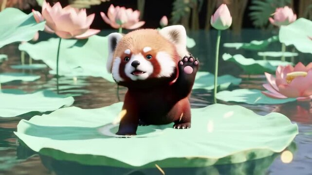 Adorable red panda playfully reaching out while sitting on a lily pad surrounded by blooming flowers