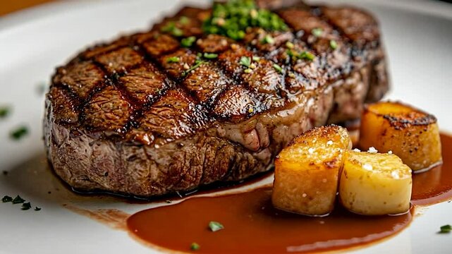 A close-up shot featuring a perfectly grilled steak with a rich brown color and a distinctive crosshatch pattern. The steak is served alongside golden-brown potato and a savory sauce on a white plate.
