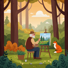 Man Painting Landscape Outdoors with Fox in Woodland Setting