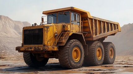 Massive Yellow Dump Truck Hauling Material in a Dusty Quarry Landscape.
