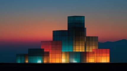 Illuminated Cube Structures at Dusk: A mesmerizing arrangement of glowing cube structures casts vibrant hues of orange, blue, and green against a breathtaking twilight sky.