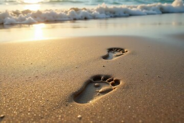 A single footprint in wet sand, symbolizing a journey's emotional progression; a metaphor for leaving behind past feelings and embracing a new path , step, travel, future