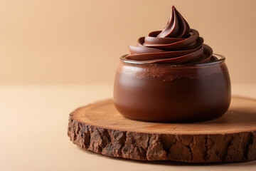 Tempting Chocolate Mousse on Wooden Cutting Board: Clean Food Photography with Overcast Natural Light