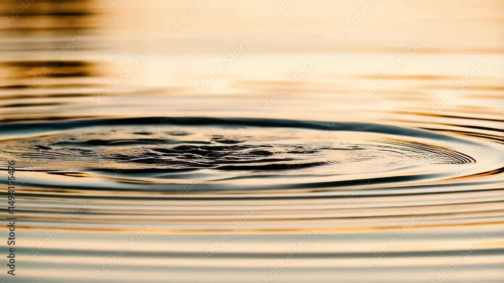 Poster ripple effect on calm water surface with golden light reflecting at sunset, creating concentric circ