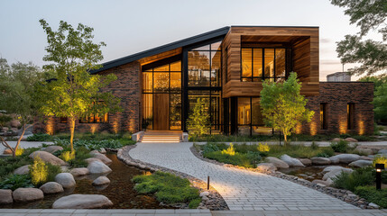 Obraz premium Modern Home Oasis: This stunning contemporary home showcases a blend of sleek lines and natural elements, creating a luxurious oasis of architectural beauty. Explore the harmony of design and nature.