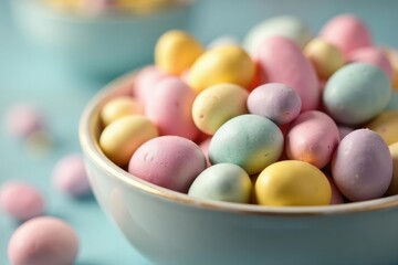 Colorful pastel Easter egg candies in a bowl, close-up shot , easter candy, delicious treat, candy sweets