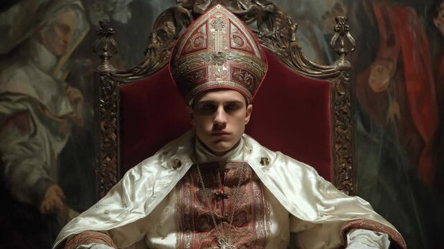 young pope on the throne, young priest Caucasian man in formal church uniform 