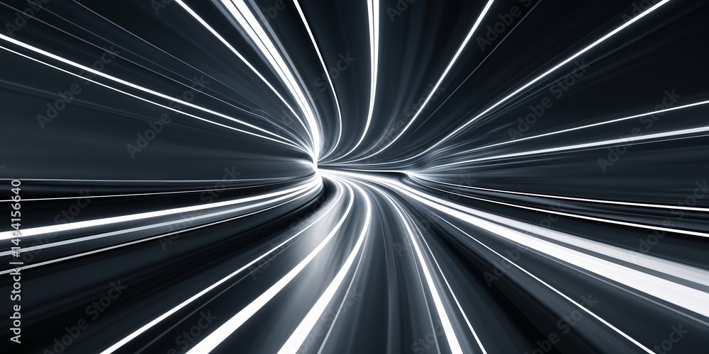 Poster abstract depiction of light trails in a tunnel highlighting motion and speed in a futuristic setting