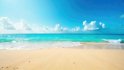 Obraz premium Endless expanse of golden sand meets turquoise ocean under a vibrant blue sky Perfect for travel, vacation, and summer themes Ideal for website banners and desktop wallpapers , sunshine, wide
