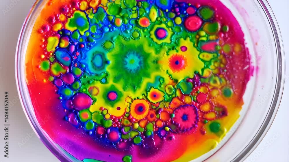 Poster vibrant abstract colorful fluid art in petri dish. swirling rainbow paint patterns creating psychede