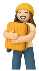 PNG Joyful Cartoon Woman Embracing Orange Suitcase, 3D Illustration On Transparent Background