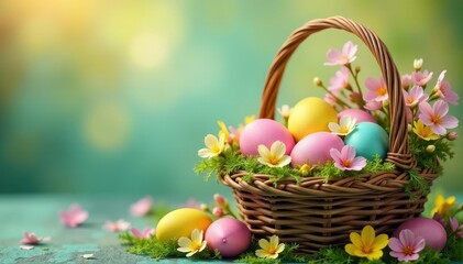 Happy Easter! Colorful eggs nestled in a spring basket overflowing with blooming flowers , holiday, wildlife