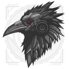 Robotic Raven Head Vector Illustration 