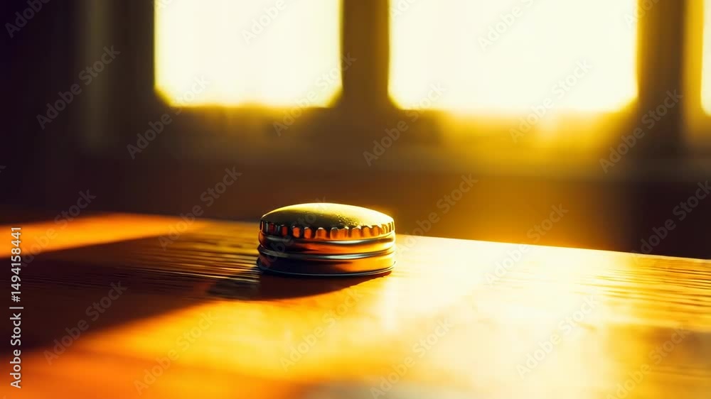 Aufkleber a metallic cap resting on a wooden surface illuminated by bright sunlight streaming through a window