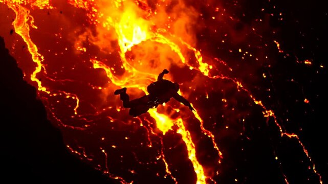 Silhouette of extreme skydiver plummeting through erupting volcano with flowing lava streams below. Fiery orange magma rivers illuminate the night landscape in a spectacular aerial adventure scene