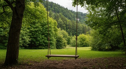 Obraz premium Swing hanging from a tree in a green forest landscape