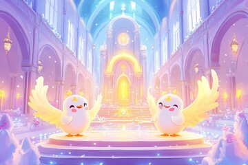 Deux oiseaux célestes dans une cathédrale lumineuse