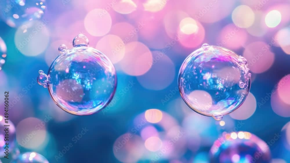 Poster iridescent soap bubbles floating against multicolored background with bokeh effect and abstract shap