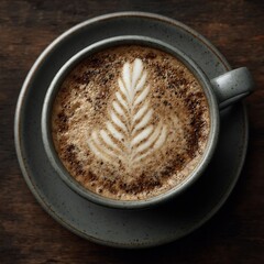 Coffee Cup with Latte Art Leaf Design from Above