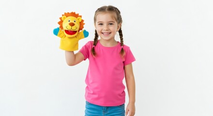 Obraz premium Happy little girl playing with a lion hand puppet isolated on white background, creative play and learning fun