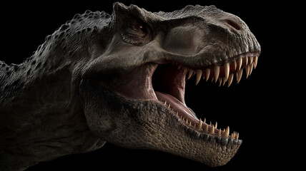 Portrait of a wild black and white animal head shows its white tooth | T-rex | Tyrannosaurus Rex black background