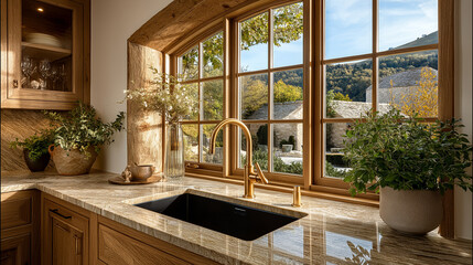Fototapeta premium Kitchen View: A sunlit kitchen interior showcasing a modern, sophisticated design with a window framing a scenic, picturesque outdoor view