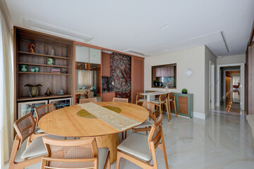 Modern and elegant apartment interior in Brazil with integrated living space, natural light, and...