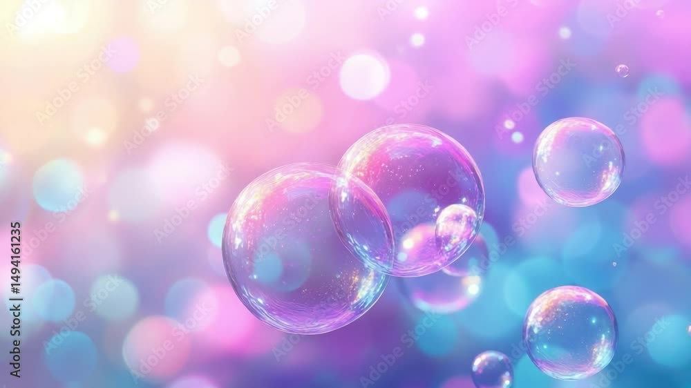 Poster colorful bubbles floating against a vibrant, blurred background with bokeh effect in soft pastel sha