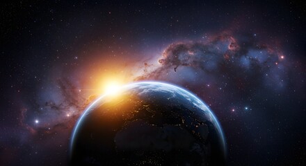 Obraz premium Beautiful cosmic view with planet Earth, galaxy clusters, and radiant sunrise ideal for science visuals, presentations, and global awareness campaigns.