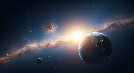 Obraz premium View from space of Earth during sunrise, surrounded by colorful nebula and galaxy great for space documentaries, digital wallpapers, or Earth Day messages.