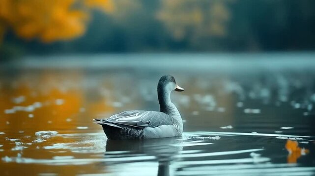 A calm duck gently floated down the river, gliding smoothly over the sparkling clear water.