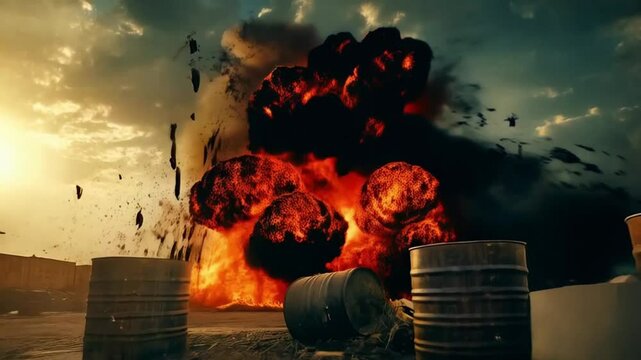 A deafening explosion shatters the still night, sending fiery debris into the turbulent sky.
