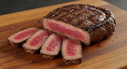 Perfectly cooked sous vide steak with seared crust, sliced to show pink center. Juicy, restaurant-quality, on wooden board