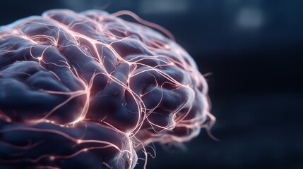 Brain's Neural Network: Intricate network of the human brain, aglow with energy, in a dark studio backdrop, highlighting the beauty of human mind.