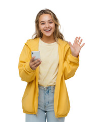 Smiling young woman waving and holding a smartphone, isolated on white background