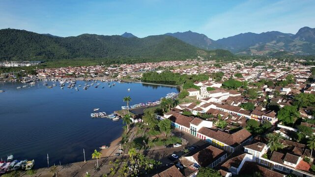 Stunning aerial view of Paraty, Rio de Janeiro, showcasing the vibrant coastal town and surrounding nature.